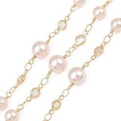 Floral White Rack Plating Brass & Round ABS Imitation Pearl & Glass Beaded Link Chains, Soldered, Light Gold, Floral White, 2000x8mm
