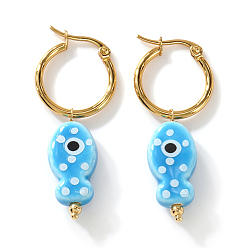 Cielo Azul Oscuro 304 pendientes de aro de acero inoxidable para mujer, pescado, pendientes colgantes de porcelana hechos a mano, dorado, cielo azul profundo, 19x11 mm