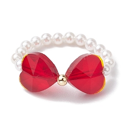FireBrick Heart Bowknot Transparent Glass & Shell Pearl Beaded Finger Rings, FireBrick, Inner Diameter: 18mm