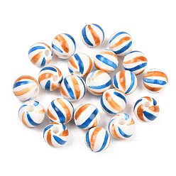 Deep Sky Blue Handmade Porcelain Beads, Hand Painted, Bright Glazed Porcelain, Round with Stripe, Deep Sky Blue, 10.5mm, Hole: 2.5mm