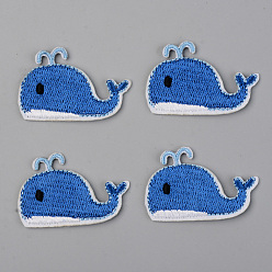 Blue Computerized Embroidery Cloth Iron on/Sew on Patches, Appliques, Costume Accessories, Whale Shape, Blue, 28x44x1mm