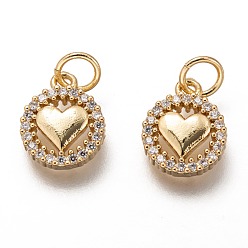 Golden Brass Micro Pave Clear Cubic Zirconia Charms, Long-Lasting Plated, with Jump Ring, Flat Round with Heart, Golden, 12x9x2mm, Jump Ring: 5x1mm, 3mm Inner Diameter