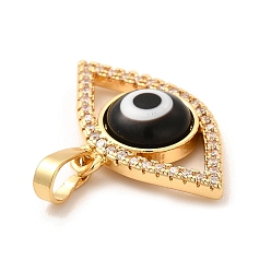 Black Rack Plating Brass Micro Pave Clear Cubic Zirconia Pendants, with Handmade Evil Eye Lampwork, Cadmium Free & Lead Free, Long-Lasting Real 18K Gold Plated, Eye Charm, Black, 15.5x23x4mm, Hole: 6x3mm