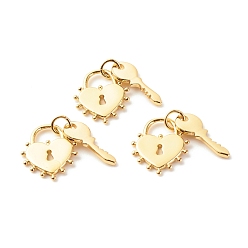 Настоящее золото 18K Латунные подвески, с целью перехода в кольце, без кадмия и без свинца, Ключ и замок, реальный 18 k позолоченный, 15.5x13x1.5 mm и 15.5x6.5x1 mm, отверстие : 3.5 мм