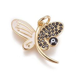 Golden Brass Enamel Charms, with Micro Pave Cubic Zirconia, Butterfly with Evil Eye, Golden, 15x18.5x2~3.5mm, Hole: 3mm