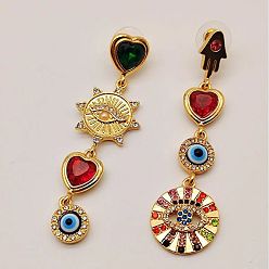 Золотой Серьги-гвоздики из сплава с эмалью от сглаза, со стразами, слева и справа, золотые, 65 мм