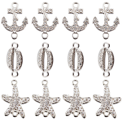 Платина 30 шт. 3 стили сплав соединительные подвески с кристаллами горный хрусталь, овал, якорь и морская звезда, платина, 8~22x13.5~18.5x2~2.5 мм, отверстие : 1~1.8 мм, 10 шт / стиль