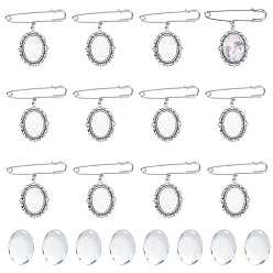 Antique Silver Alloy Oval Tray Brooch Base Settings, with Transparent Glass Cabochons, Antique Silver, 55mm