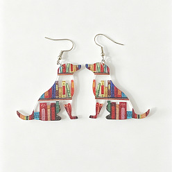 Perro Pendientes colgantes de acrílico con estampado de hierro, patrón de libro, perro, 40x41 mm