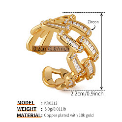 Rectangle Браслет-манжета из латуни с кубическим цирконием для женщин., золотые, прямоугольные, внутренний диаметр: регулируемый
