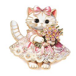 Pink Значок с изображением кошки, держащей букет цветов, из сплава со стразами., Значок из сплава для окраски рюкзака, одежды, золотые, розовые, 46x42 мм