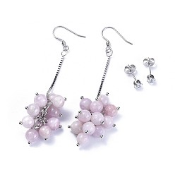 Kunzite Earring Sets, with Natural Kunzite Round Beads, Cubic Zirconia and Stainless Steel Findings, Cardboard Jewelry Boxes, 72~74mm, Pin: 0.6mm, 13~13.5x4.5mm, Pin: 0.7mm