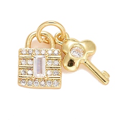 Настоящее золото 18K Подвески из кубического циркония с покрытием из латуни, с прыжковых колец, долговечный, без свинца и без кадмия, Замок и ключ, реальный 18 k позолоченный, 15.5 мм, Перейти кольцо: 4.6x0.8 мм, 3 мм внутренним диаметром, заблокировать: 10x7.5x2.5 мм, Ключ: 12.5x7x2 мм