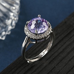 Фиолетовый 925 Кольца из стерлингового серебра с микропаве из кубических цирконий, плоско-круглые, платина, фиолетовые, 13 мм, размер США 7 1/4 (17.5 мм)