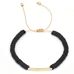 Черный Браслеты из плетеных бусин Heishi из полимерной глины, регулируемый браслет из латунных трубчатых бусин, чёрные, 6-1/4~10-1/4 дюйм (16~26 см)