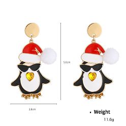 Пингвин Рождественские серьги-гвоздики с эмалевым сплавом, со стразами, золотые, пингвин, 50x28 мм