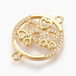 Real 18K Gold Plated Brass Micro Pave Cubic Zirconia Links, Long-Lasting Plated, Flat Round with Heart, Lead Free & Nickel Free & Cadmium Free, Clear, Real 18K Gold Plated, 24x18x2mm, Hole: 2mm