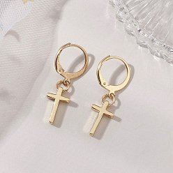 Золотой 304 из нержавеющей стали Leverback серьги, с латунным крестом, золотые, 29.5x8.5 мм