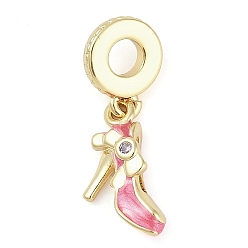 Pink Стойка покрытие латунь прозрачный кубический цирконий макияж европейские подвески-шармы, эмалевые туфли на высоком каблуке с подвесками в виде больших отверстий, реальный 18 k позолоченный, долговечный, без кадмия и без свинца, розовые, 29 мм, отверстие : 4.5 мм, Кулон : 18.5x10.5x4.5 мм