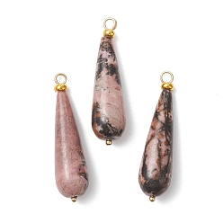 Родонит Природные подвески родонит, слезинки, латуни и 304 результатов из нержавеющей стали, золотые, 38x10 мм, отверстие : 2.5 мм