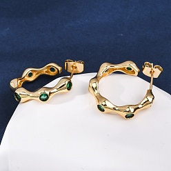 Real 18K Gold Plated Green Cubic Zirconia Round Stud Earrings, Brass Half Hoop Earrings for Woman, Real 18K Gold Plated, 22x5mm, Pin: 0.7mm