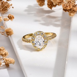 Настоящее золото 18K Кольца-манжеты для пальцев с покрытием из латуни с микропаве из прозрачного кубического циркония для женщин, долговечный, овальные, реальный 18 k позолоченный, 11.5x10 мм, регулируемый