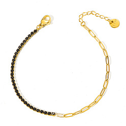 Черный 304 Браслеты из нержавеющей стали с микропаве из кубического циркония, браслеты-цепочки со скрепками для женщин, золотые, чёрные, 6.69 дюйм (17 см)