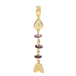 Amethyst Brass Pave Cubic Zirconia Clear Cubic Zirconia & Natural Amethyst & Enamel European Dangle Charms, Large Hole Charms, Fish, Rack Plating, Long-Lasting Plated, Cadmium Free & Lead Free, Real 18K Gold Plated, 54.5mm, Hole: 5.5mm