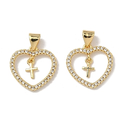Настоящее золото 18K Латунные микро проложить кубического циркония подвески, сердце с крестными прелестями, без кадмия и без свинца, долговечный, стойки покрытие, реальный 18 k позолоченный, 16x16x2 мм, отверстие : 4x3.5 мм