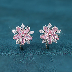Pink Boucles d'oreilles à pince en laiton avec micro pavé de zircons cubiques, flocon de neige, platine, rose, 17.5x12mm
