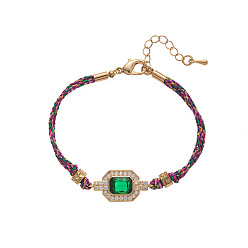 Зеленый Браслеты из латуни с инкрустацией кубическим цирконием., украшения из хлопкового шнура для женщин, прямоугольные, с эмалью, золотые, зелёные, 6.30 дюйм (16 см)