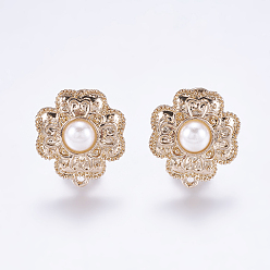 Golden Alloy Stud Earring Findings, with Loop and Acrylic Pearls, Flower, Golden, 22x19.5mm, Hole: 1mm, Pin: 0.7mm
