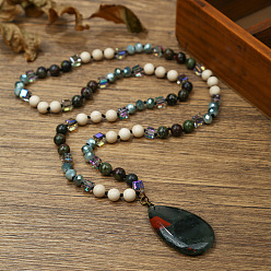 (RRHB277) Кристалл на подкладке из медово-бежевого цвета Натуральный индийский агат плоская каплевидная подвеска круглые камни и кубические стеклянные бусины длинные ожерелья для женщин, 29.92 дюйм (76 см)