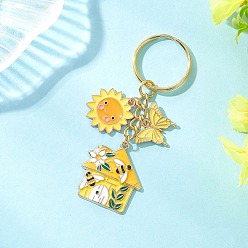 Золотой Брелоки из цинкового сплава с эмалью, с железными разрезными брелоками, Солнце с домом и бабочкой, золотые, 81.5 мм
