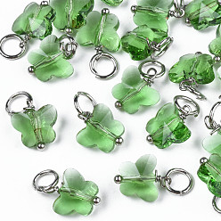 Light Green Faceted Transparent Glass Charms, with Iron Jump Ring, Butterfly, Light Green, 13~14x9.8x6mm, Hole: 4mm