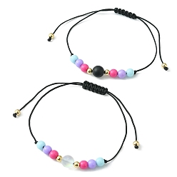 Mixed Stone 2Pcs 2 Style Natural Black Agate & Synthetic Moonstone & Acrylic Round Braided Bead Bracelets Set, Nylon Adjustable Bracelets, Inner Diameter: 1/2~3-3/4 inch(1.4~9.5cm), 1Pc/style