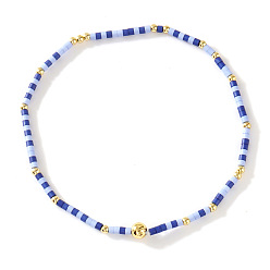 Синий Богемные браслеты из стеклянного бисера и латуни на эластичной основе для женщин., колонка, синие, 6.50 дюйм (16.5 см)