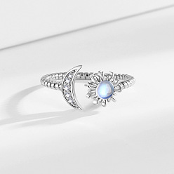 Платина Открытые манжеты из латуни с микропаве и прозрачным цирконием для женщин, звезды и луна, со стеклом, платина, 9.5 мм, размер США 6 (16.5 мм)