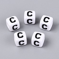 Letter C Opaque Acrylic Beads, Cube with Number, with Enamel, Black, Letter C, 7.5~8x7.5~8x8~8.5mm, Hole: 3.6~4mm, about 1200pcs/500g