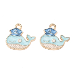 Blue Alloy with Enamel Pendants, Whale Shape with Sailor Hat Charms, Golden, Blue, 16x17x1mm, Hole: 1.6mm