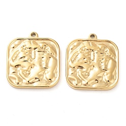 Real 14K Gold Plated 304 Stainless Steel Pendants, Textured, Square Charm, Real 14K Gold Plated, 24x21.5x2.5mm, Hole: 1.6mm