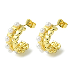 Real 16K Gold Plated Brass Heart Stud Earrings with ABS Imitation Pearl, Half Hoop Earrings, Real 16K Gold Plated, 22x9mm