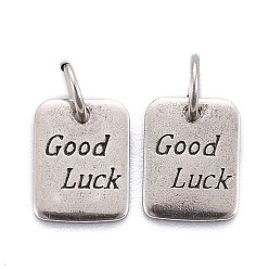 Платина Латунные подвески, долговечный, прямоугольник со словом удачи, платина, 9x7x1 мм, Перейти кольцо: 5x1 мм