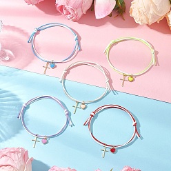 (52) Непрозрачная лаванда 5шт. регулируемые браслеты из вощеного полиэфирного шнура, сплав эмали и 304 браслеты из нержавеющей стали с подвесками для мужчин и женщин в виде сердца и креста, разноцветные, внутренний диаметр: 2~3-1/8 дюйм (5~8 см)