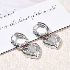 Platinum Brass Micro Pave Cubic Zirconia and Cat Eye Beads Heart Hoop Dangle Earrings, Rack Plating, Long-Lasting Plated, Cadmium Free & Lead Free, Platinum, 27.5x15.5mm