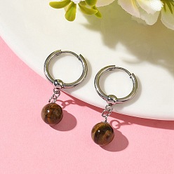 Тигровый глаз Круглые серьги-кольца из натурального тигрового глаза, с 202 серьгами-кольцами из нержавеющей стали, с 316 хирургическими штифтами из нержавеющей стали, цвет нержавеющей стали, 33 мм