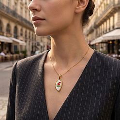 Oval Flower Printed 304 Stainless Steel Geometric Pendant Necklaces for Women, Golden, White, Oval, 17.72 inch(45cm), pendant: 28x14mm