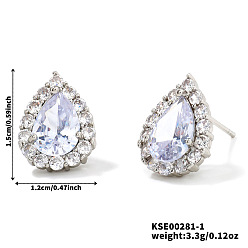 Белый Латунные серьги-гвоздики в виде капель, с кубическим цирконием и стеклом, платина, белые, 15x12 мм