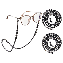 Черный 2 шт цепочки для очков, шейный ремешок для очков, с натуральным черным ониксом и синтетическими черными камнями и бусинами из сплава и резиновыми петлями на концах, чёрные, 740 мм, 2 шт / комплект