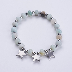 Amazonite Natürliche Amazonit-Perlen-Stretch-Armbänder mit Blumen, mit nichtmagnetischen synthetischen Hämatitperlen und 304 Edelstahlsternzaubern, Edelstahl Farbe, 2-1/8 Zoll (53 mm)